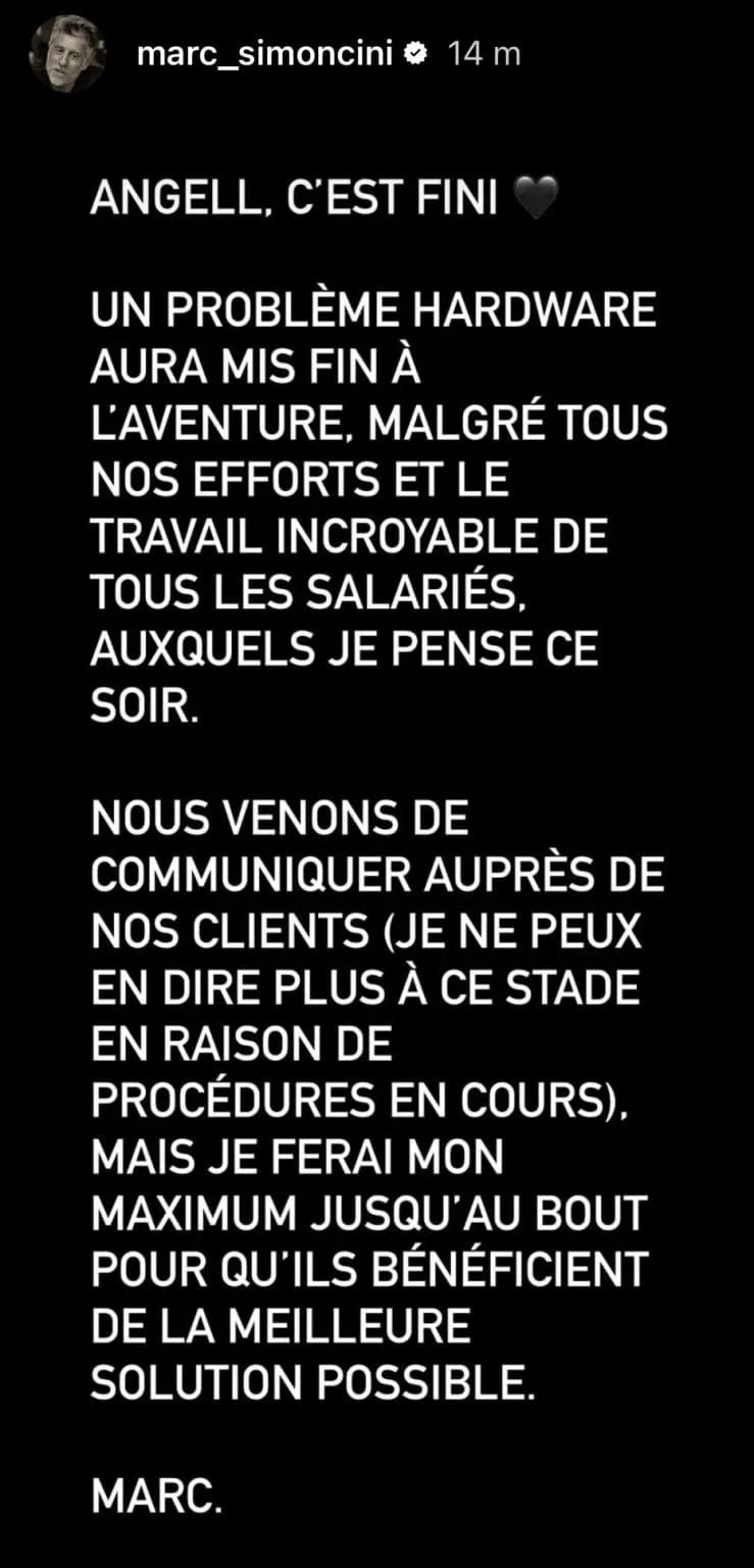 message de marc simoncini suite a la liquidation judiciaire de angell la marque de velos connectes